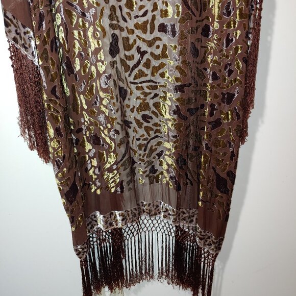Simply Silk Fringe Burnout Velvet Maxi Kimono Cardigan Women Plus Size Brown - Picture 3 of 9